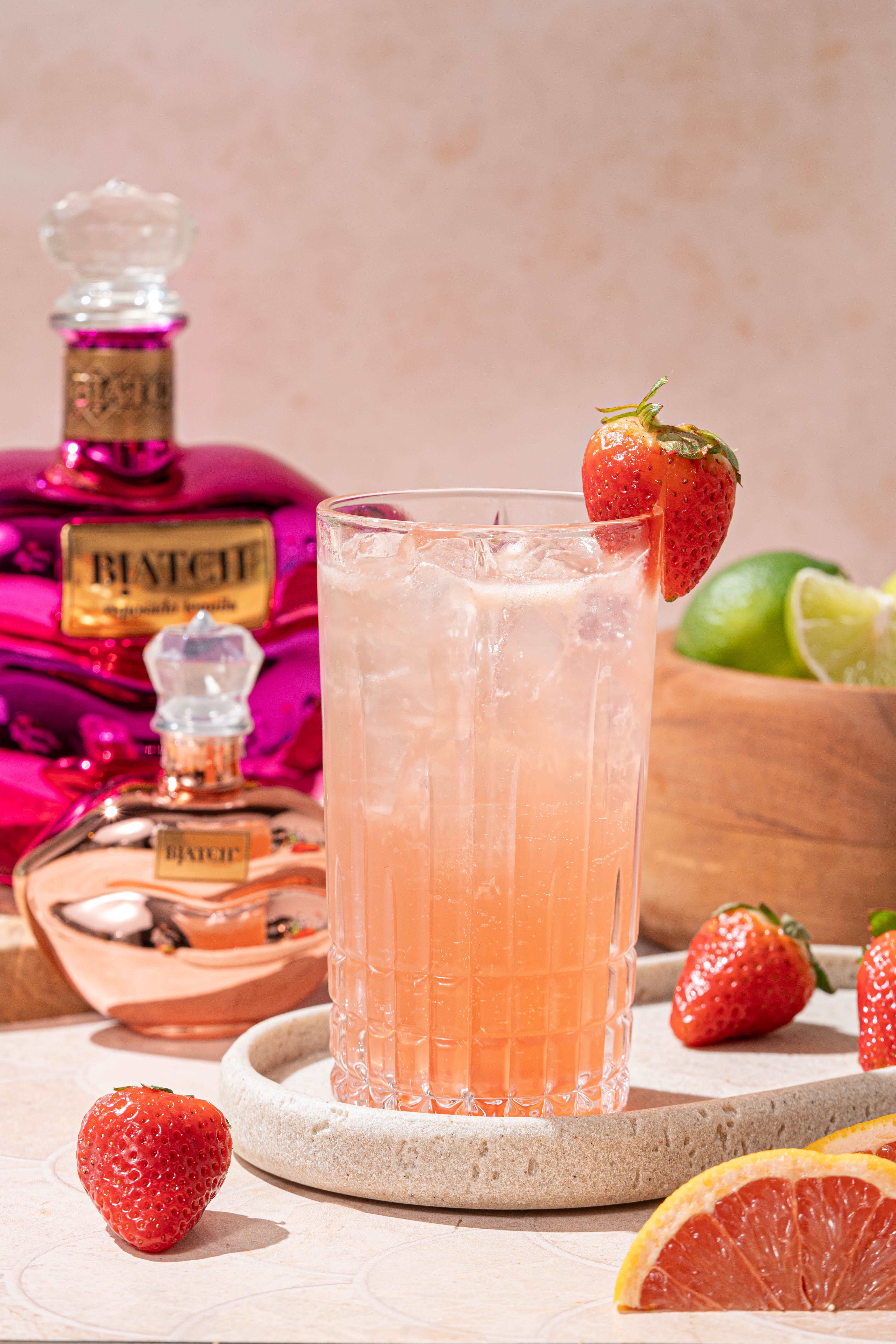 Meet the BIATCH Strawberry Paloma—Rosa Tequila, grapefruit and strawberry syrup, topped with fizzy club soda for a sassy, sparkling sip.