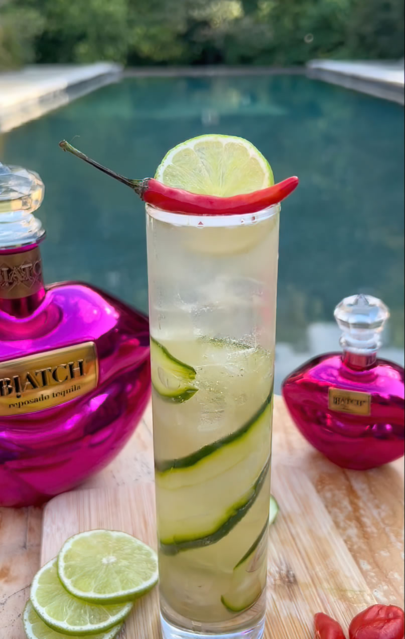 This spicy cocktail blends BIATCH Reposado with cucumber, habanero, Ancho Reyes Verde, lime, and agave for a fiery yet refreshing taste.